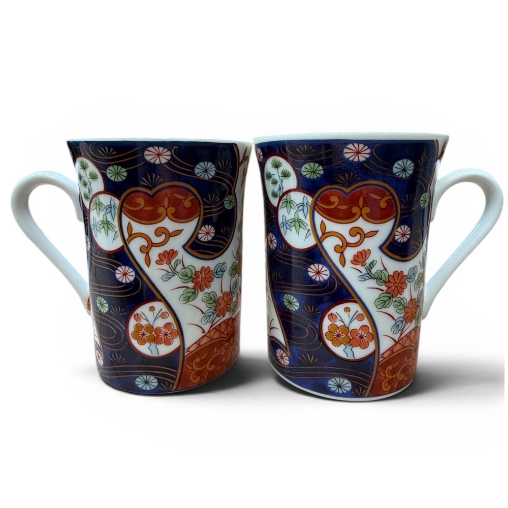 Vintage Japanese Kozan Gama Imari Porcelain Mugs Set | Cobalt Blue & Rust Floral